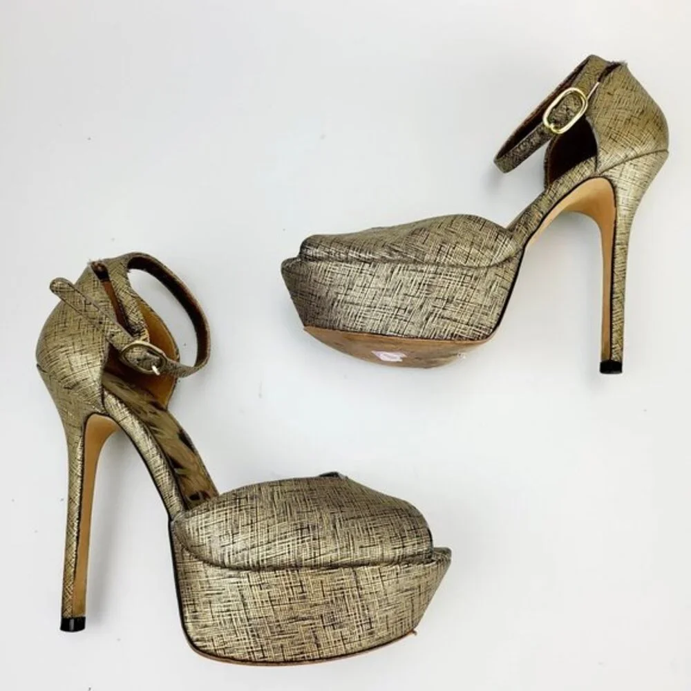 Y2K Platform Heels Sam Edelman Sandals 6 Gold Glam Crosshatch‎ Peep Toe Stiletto